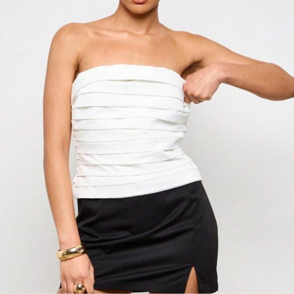 White pleated tiered layered fully lined luxe thick tube top bandeau zipper back